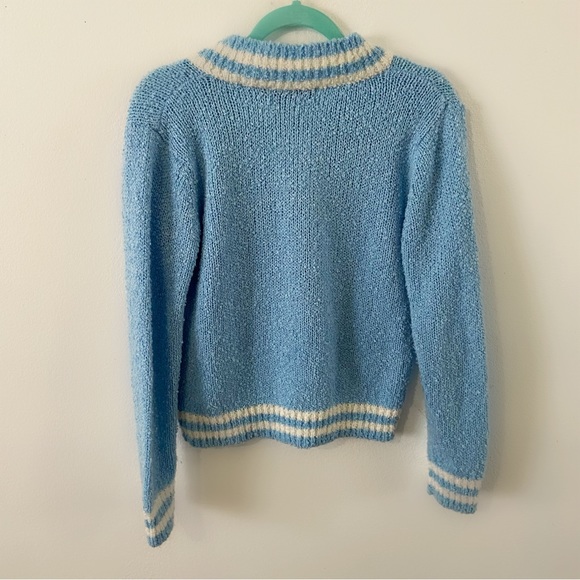 Vintage 80s blue sporty knit sweater vneck long sleeve retro womens large pastel - Picture 4 of 4